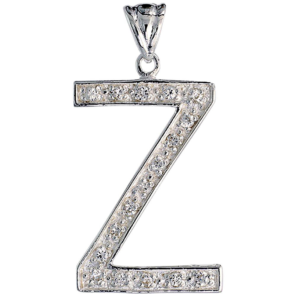 Sterling Silver Cubic Zirconia Block Initial Letter Z Alphabet Pendant Large, 1 5/8 inch