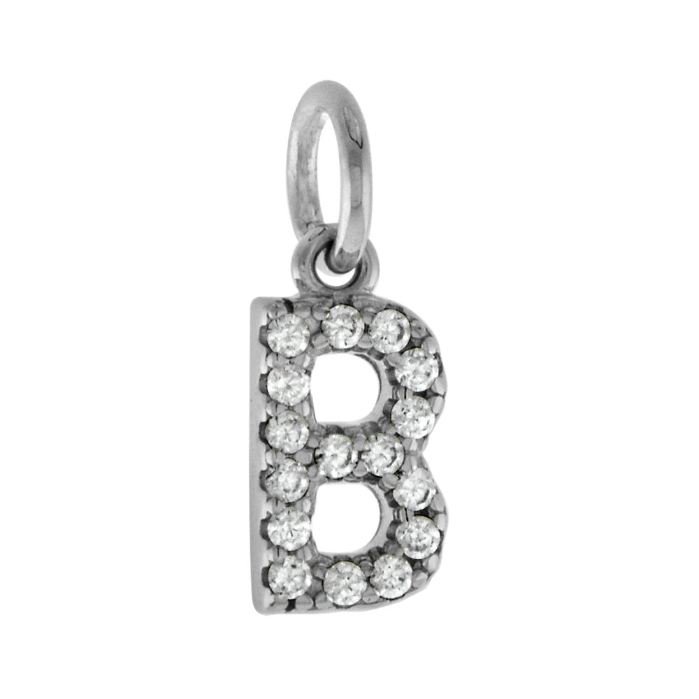 Very Tiny Sterling Silver CZ Block Initial B Pendant for Women Rhodium Finish 1/4 inch tall