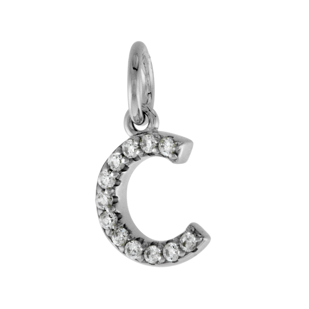 Very Tiny Sterling Silver CZ Block Initial C Pendant for Women Rhodium Finish 1/4 inch tall