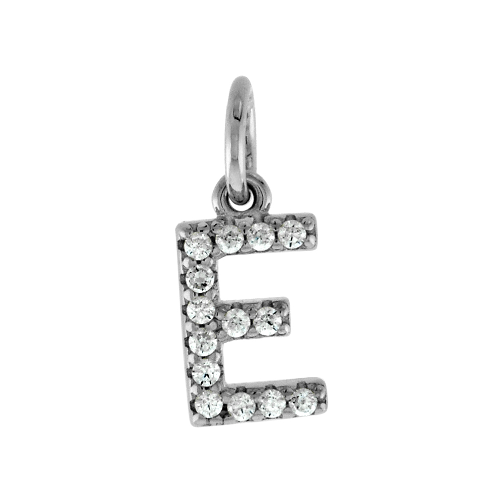 Very Tiny Sterling Silver CZ Block Initial E Pendant for Women Rhodium Finish 1/4 inch tall
