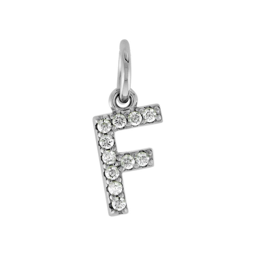 Very Tiny Sterling Silver CZ Block Initial F Pendant for Women Rhodium Finish 1/4 inch tall