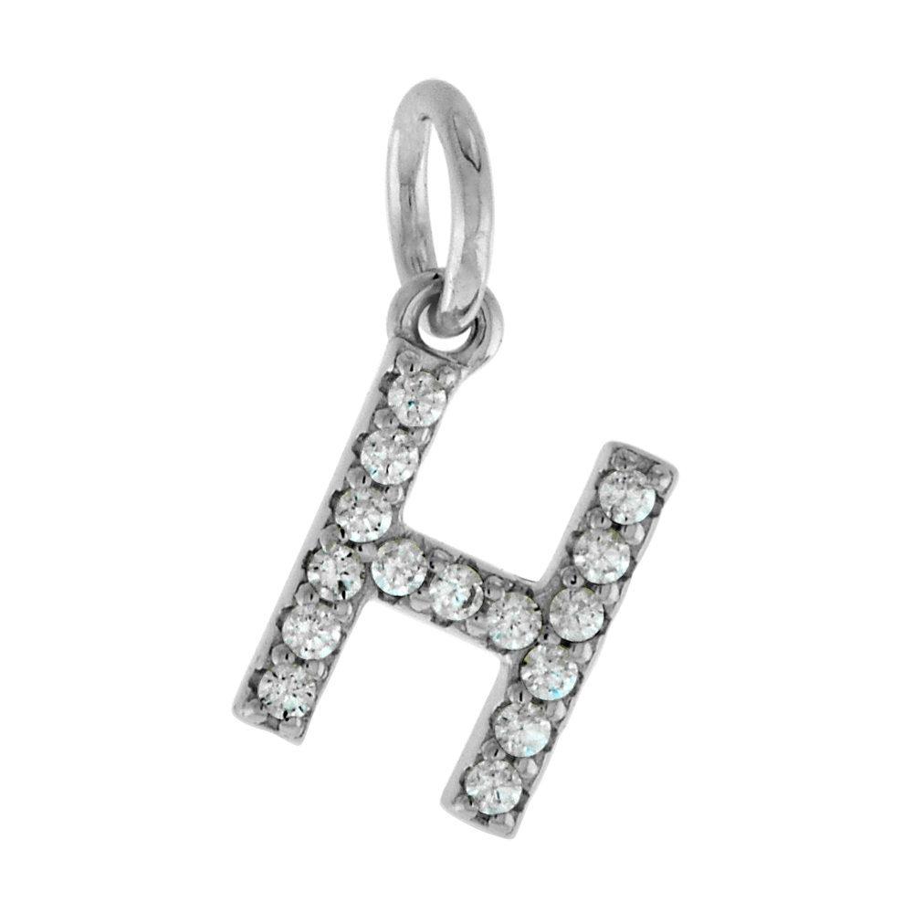 Very Tiny Sterling Silver CZ Block Initial H Pendant for Women Rhodium Finish 1/4 inch tall