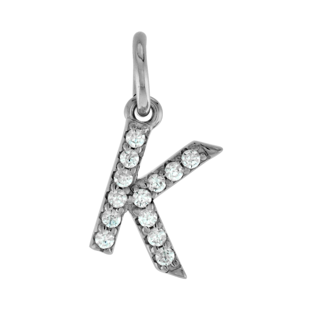 Very Tiny Sterling Silver CZ Block Initial K Pendant for Women Rhodium Finish 1/4 inch tall