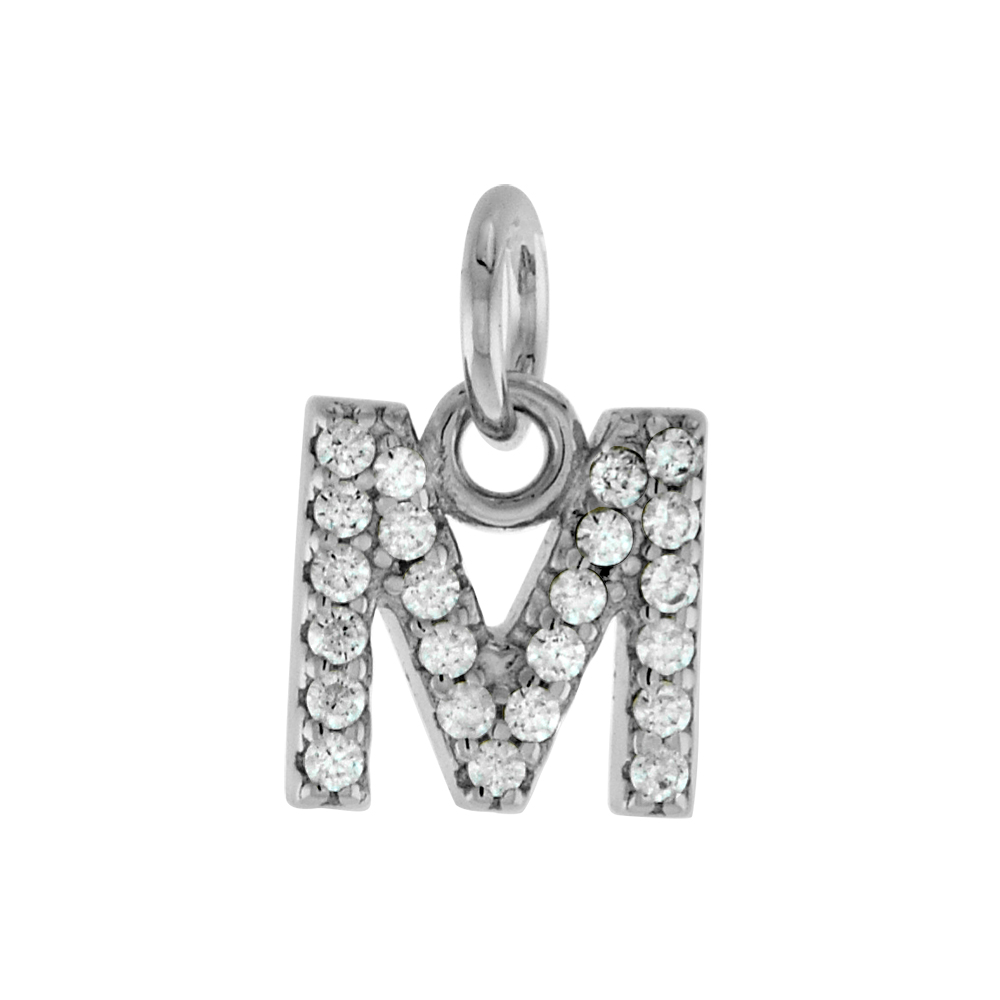 Very Tiny Sterling Silver CZ Block Initial M Pendant for Women Rhodium Finish 1/4 inch tall