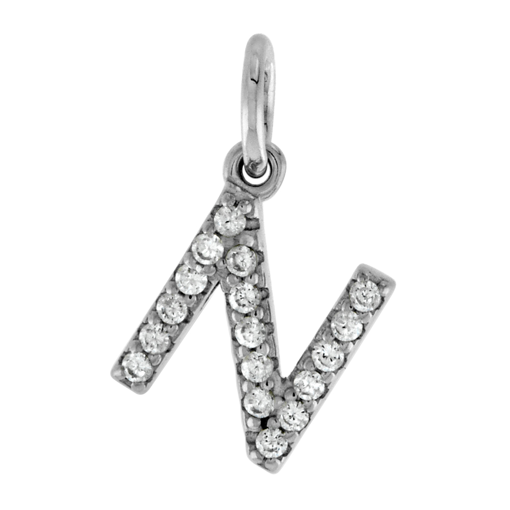 Very Tiny Sterling Silver CZ Block Initial N Pendant for Women Rhodium Finish 1/4 inch tall