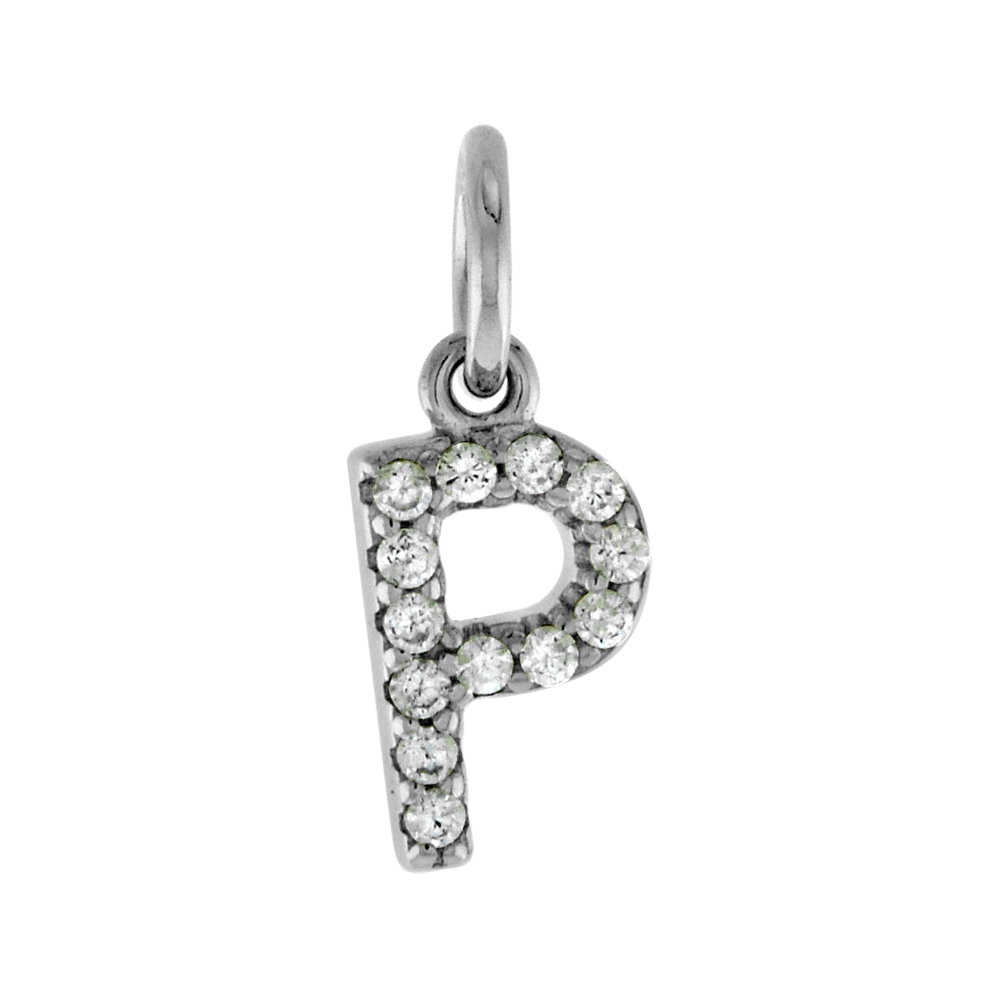 Very Tiny Sterling Silver CZ Block Initial P Pendant for Women Rhodium Finish 1/4 inch tall