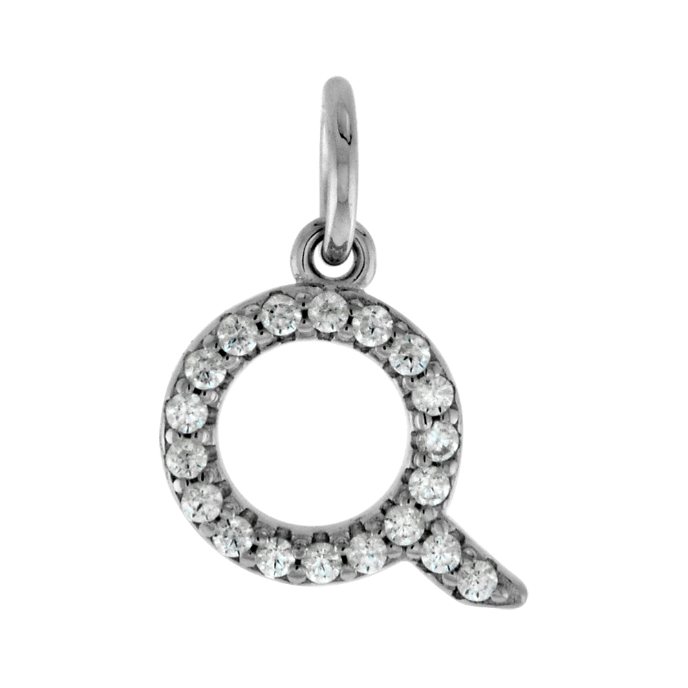 Very Tiny Sterling Silver CZ Block Initial Q Pendant for Women Rhodium Finish 1/4 inch tall