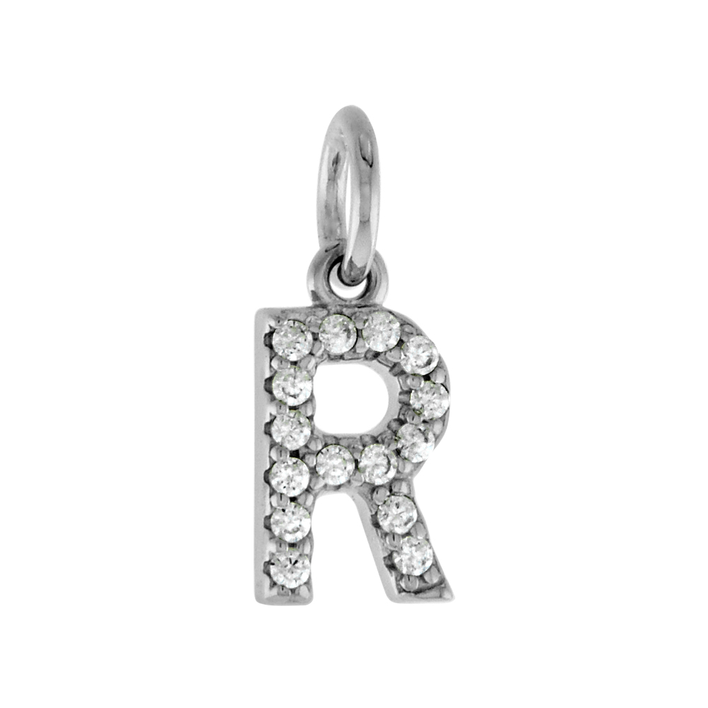 Very Tiny Sterling Silver CZ Block Initial R Pendant for Women Rhodium Finish 1/4 inch tall