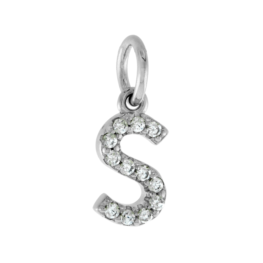 Very Tiny Sterling Silver CZ Block Initial S Pendant for Women Rhodium Finish 1/4 inch tall