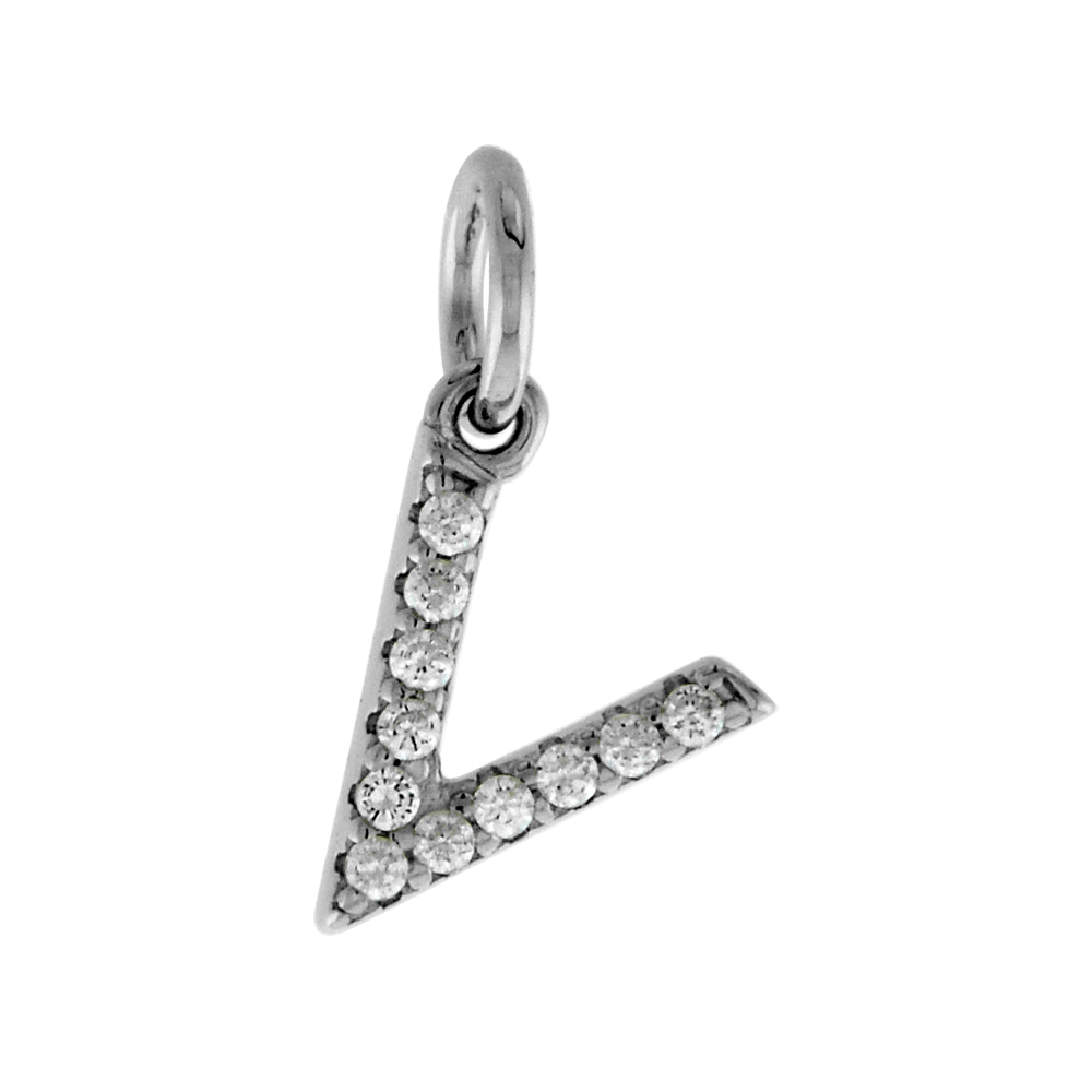 Very Tiny Sterling Silver CZ Block Initial V Pendant for Women Rhodium Finish 1/4 inch tall