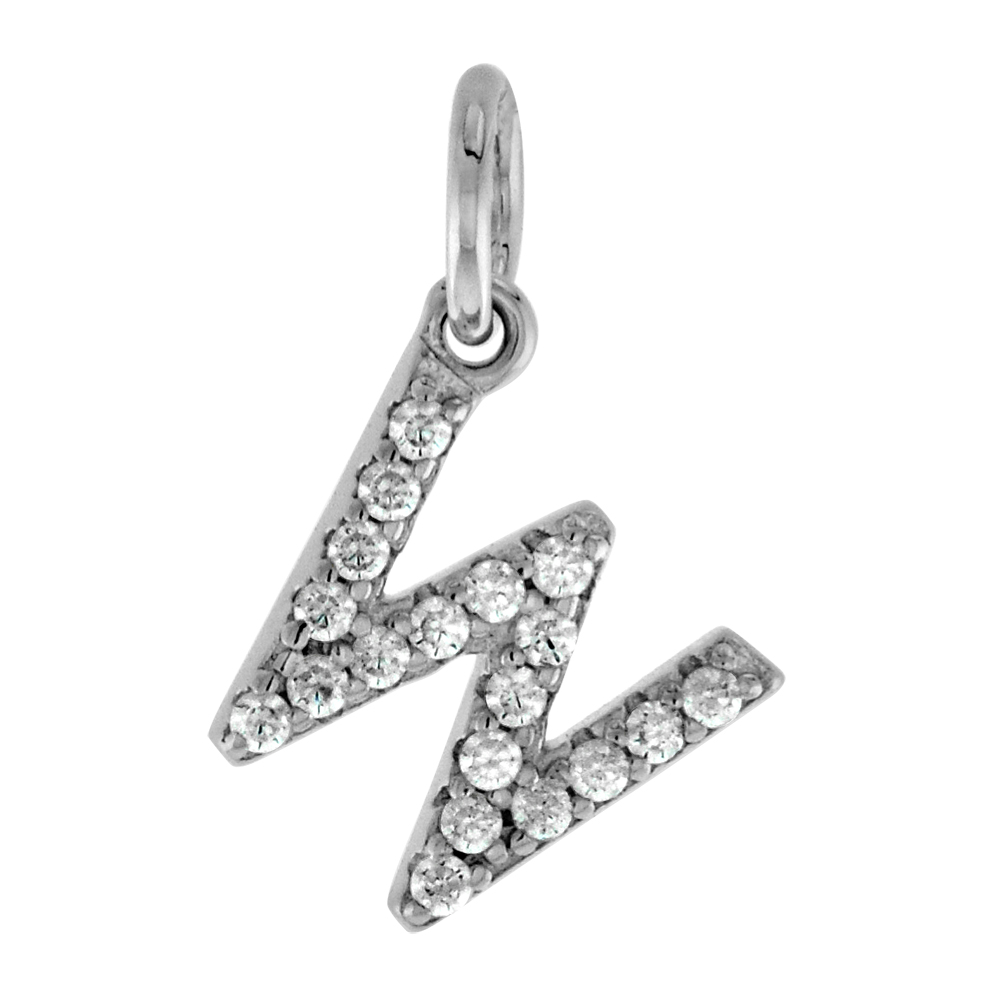 Very Tiny Sterling Silver CZ Block Initial W Pendant for Women Rhodium Finish 1/4 inch tall