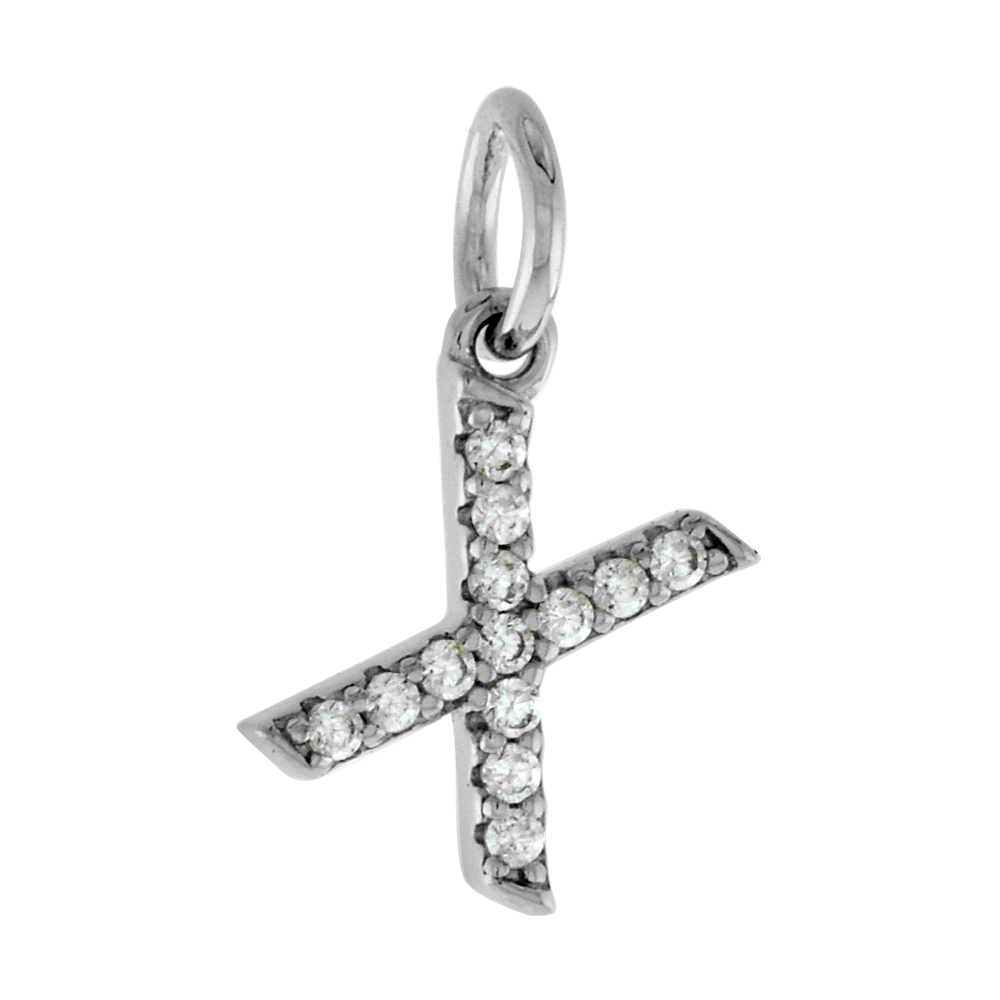 Very Tiny Sterling Silver CZ Block Initial X Pendant for Women Rhodium Finish 1/4 inch tall