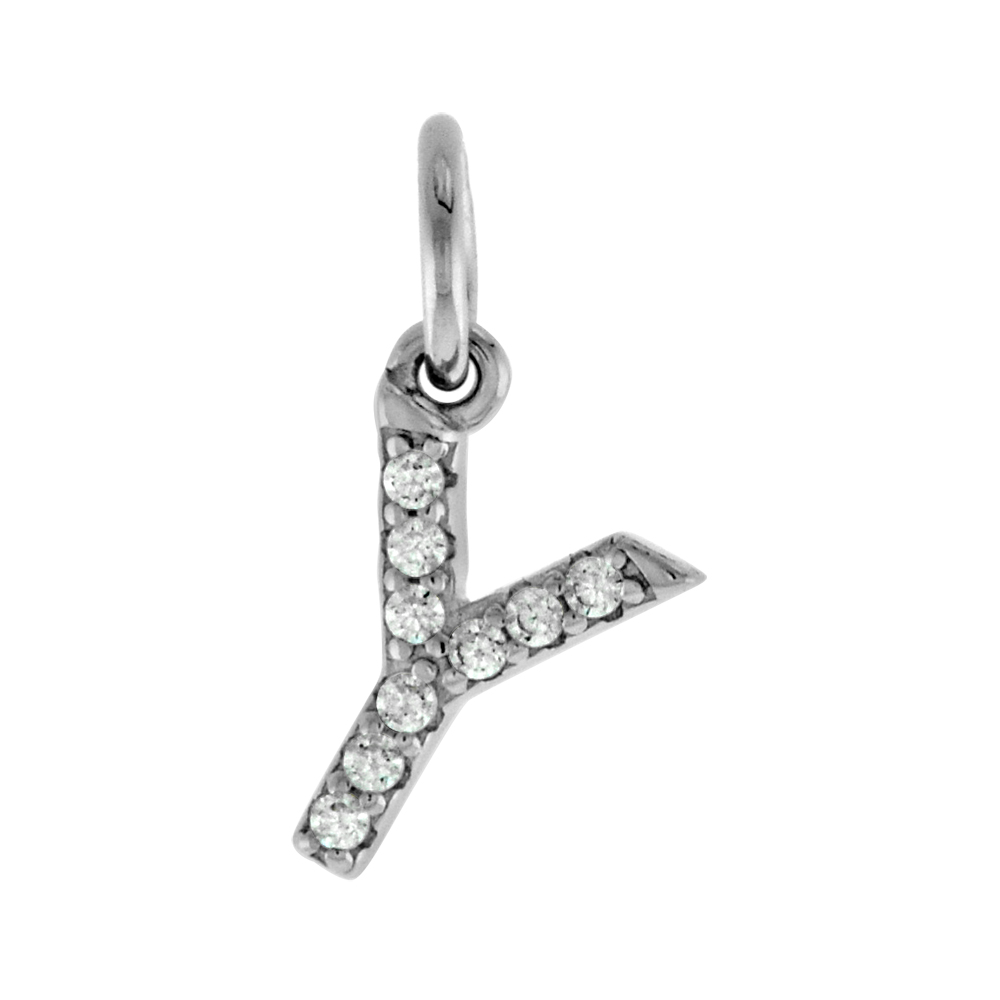 Very Tiny Sterling Silver CZ Block Initial Y Pendant for Women Rhodium Finish 1/4 inch tall