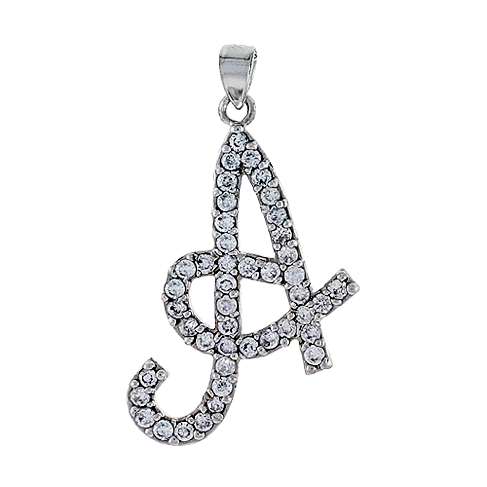 Sterling Silver Script Initial Letter A Alphabet Pendant with Cubic Zirconia Stones, 1 3/8 inch high