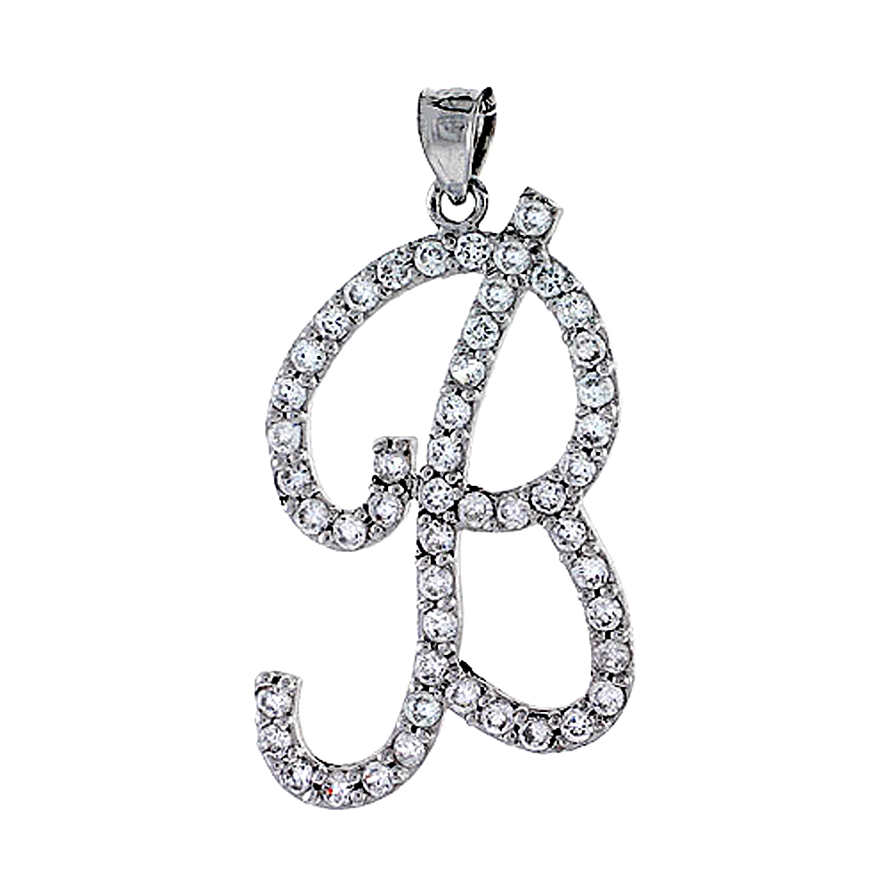 Sterling Silver Script Initial Letter B Alphabet Pendant with Cubic Zirconia Stones, 1 3/8 inch high
