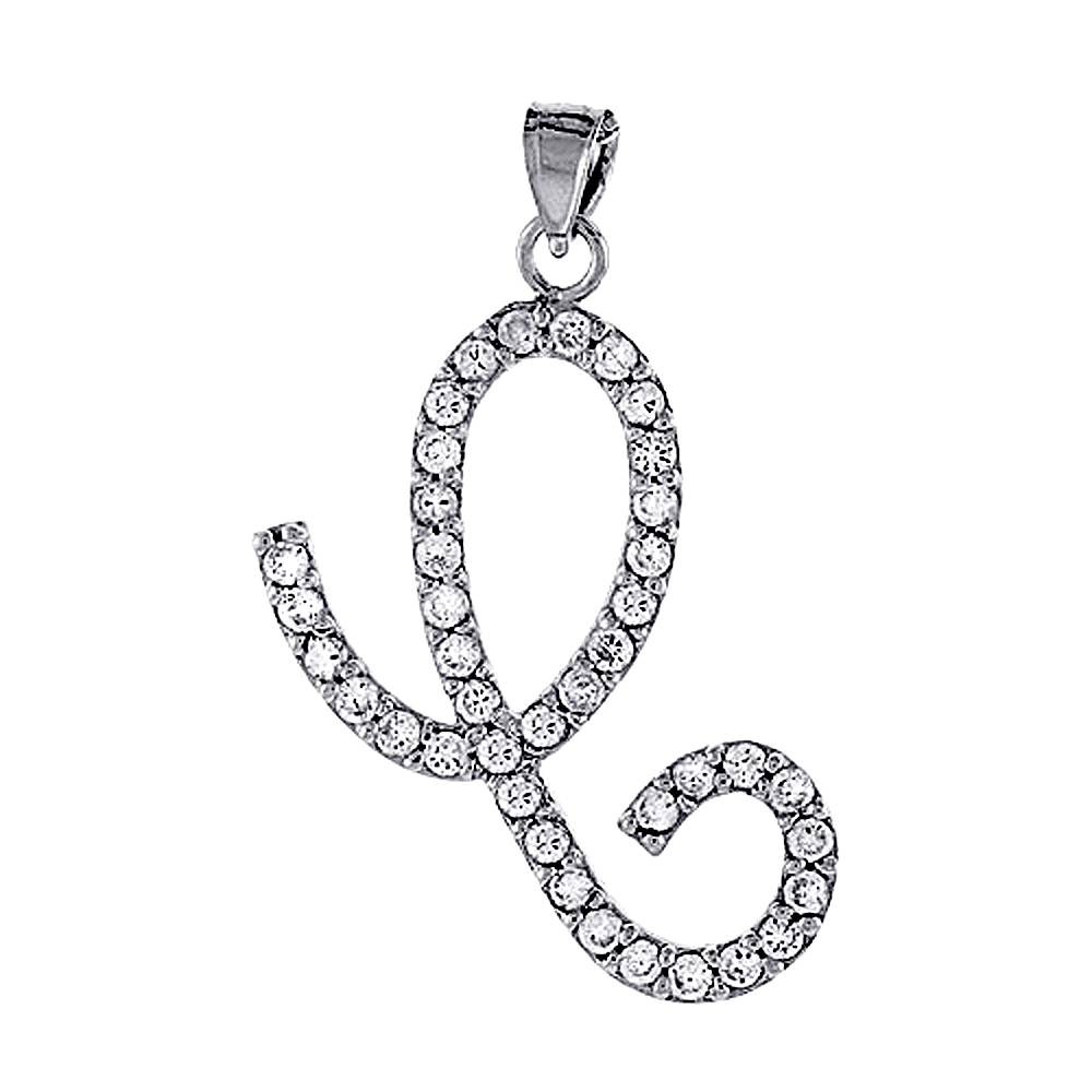 Sterling Silver Script Initial Letter C Alphabet Pendant with Cubic Zirconia Stones, 1 3/8 inch high
