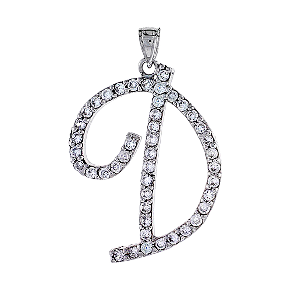 Sterling Silver Script Initial Letter D Alphabet Pendant with Cubic Zirconia Stones, 1 3/8 inch high