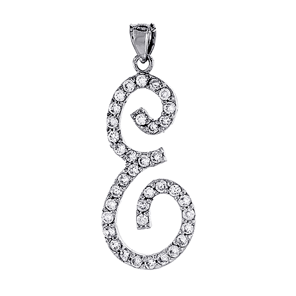 Sterling Silver Script Initial Letter E Alphabet Pendant with Cubic Zirconia Stones, 1 3/8 inch high