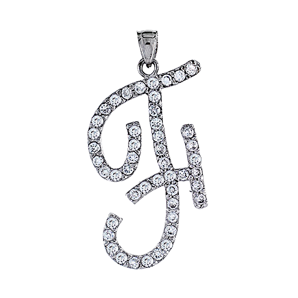 Sterling Silver Script Initial Letter F Alphabet Pendant with Cubic Zirconia Stones, 1 3/8 inch high