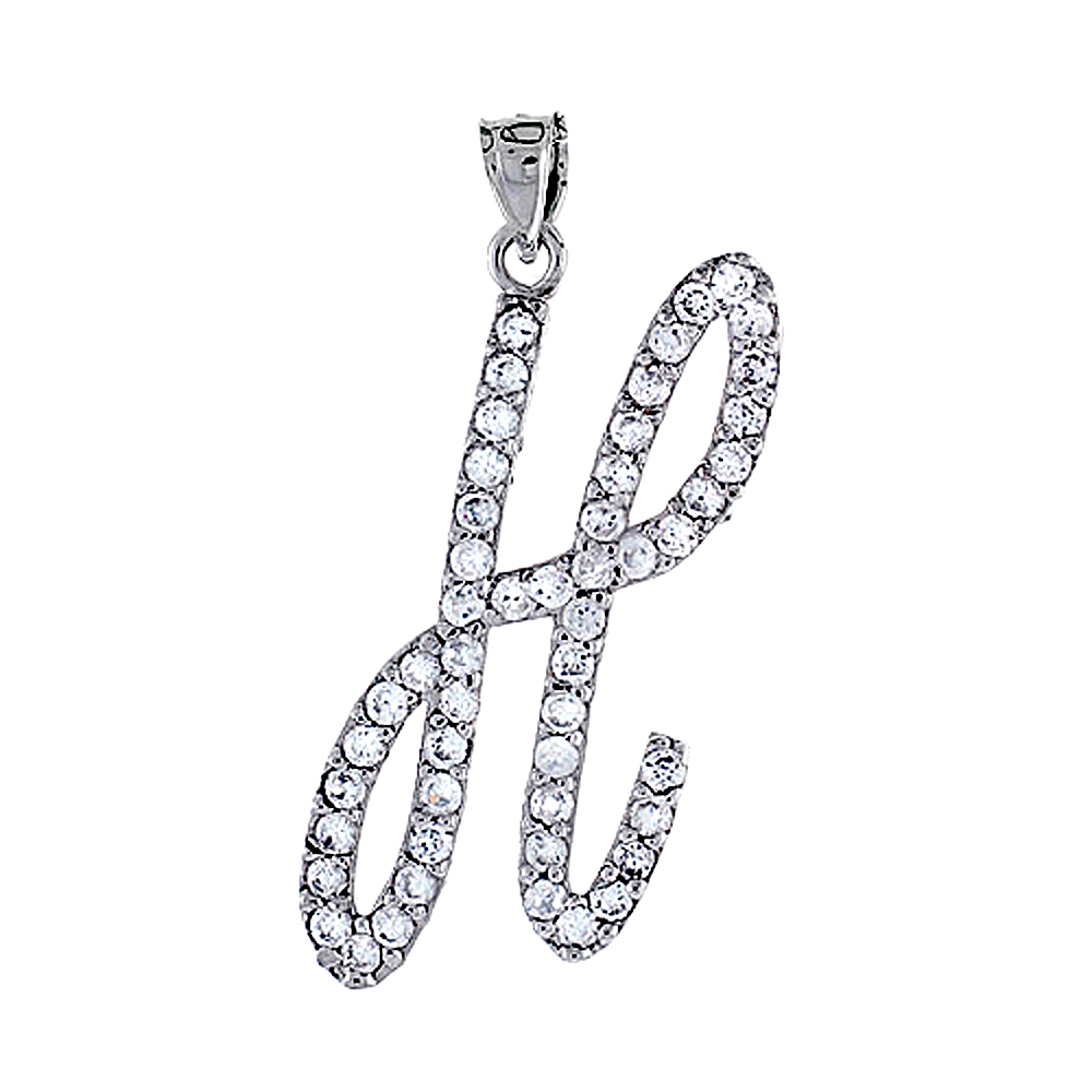 Sterling Silver Script Initial Letter H Alphabet Pendant with Cubic Zirconia Stones, 1 3/8 inch high