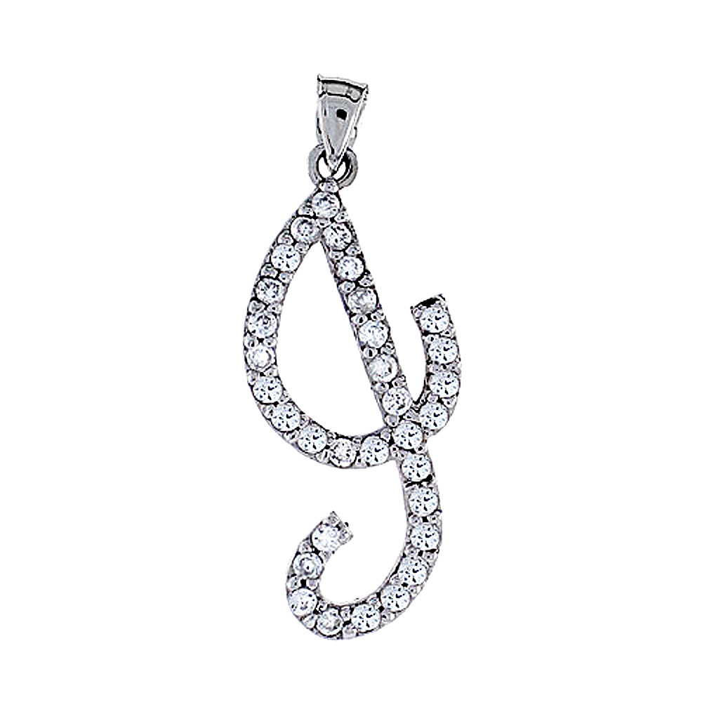 Sterling Silver Script Initial Letter I Alphabet Pendant with Cubic Zirconia Stones, 1 3/8 inch high
