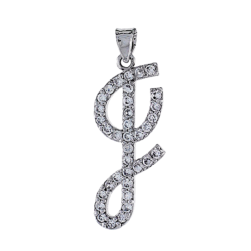 Sterling Silver Script Initial Letter J Alphabet Pendant with Cubic Zirconia Stones, 1 3/8 inch high