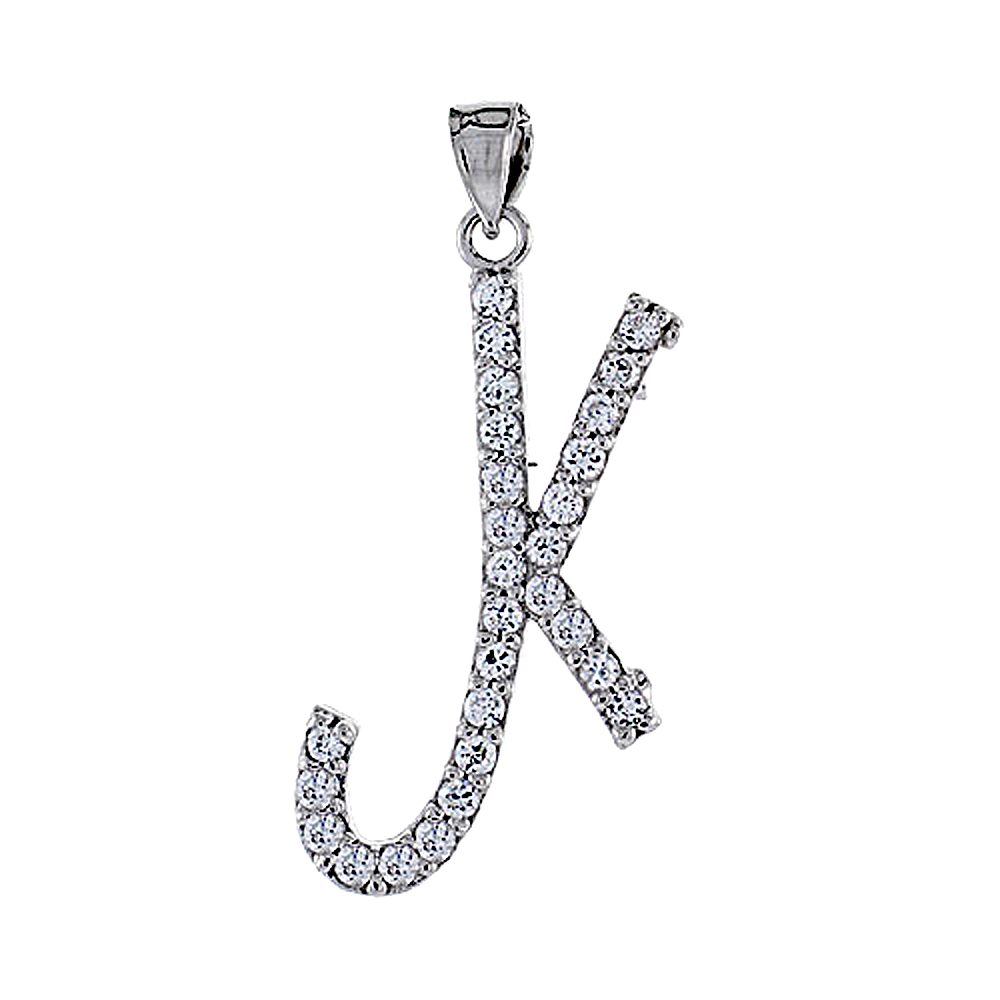 Sterling Silver Script Initial Letter K Alphabet Pendant with Cubic Zirconia Stones, 1 3/8 inch high