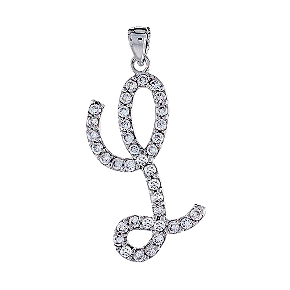 Sterling Silver Script Initial Letter L Alphabet Pendant with Cubic Zirconia Stones, 1 3/8 inch high