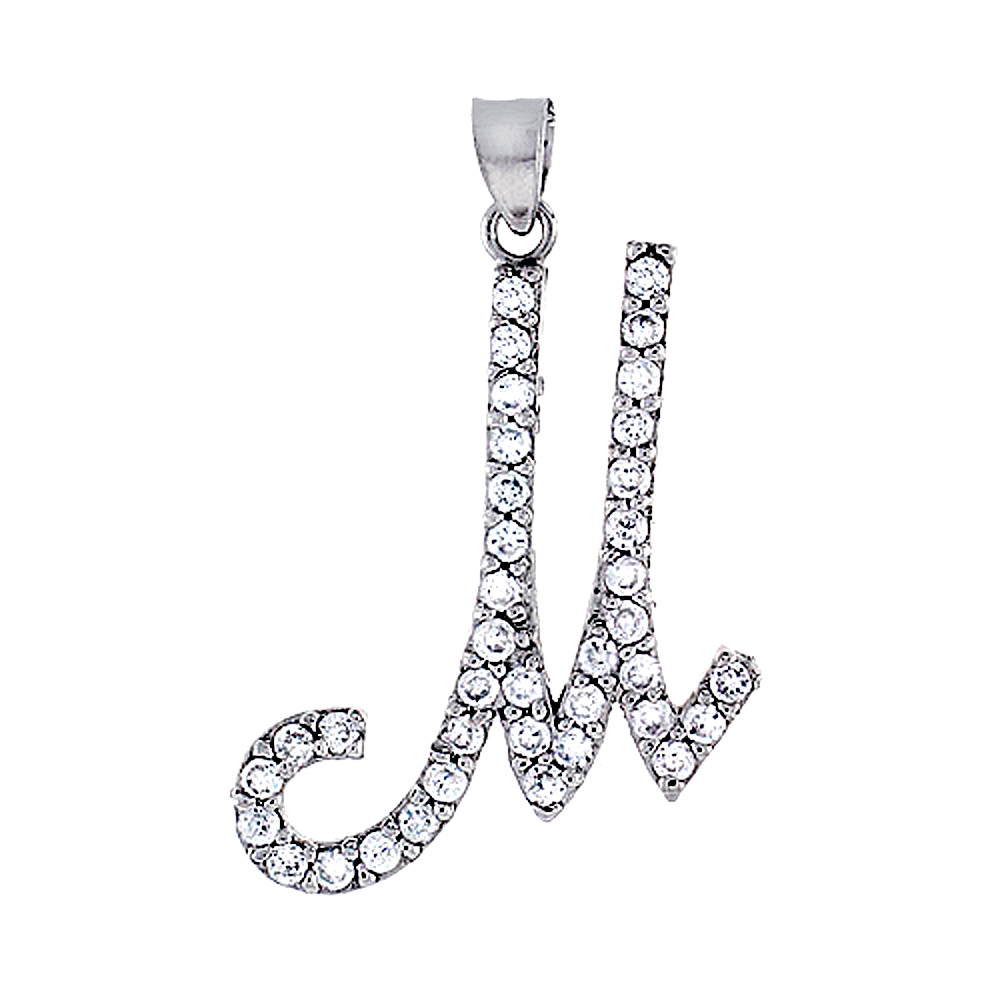 Sterling Silver Script Initial Letter M Alphabet Pendant with Cubic Zirconia Stones, 1 3/8 inch high