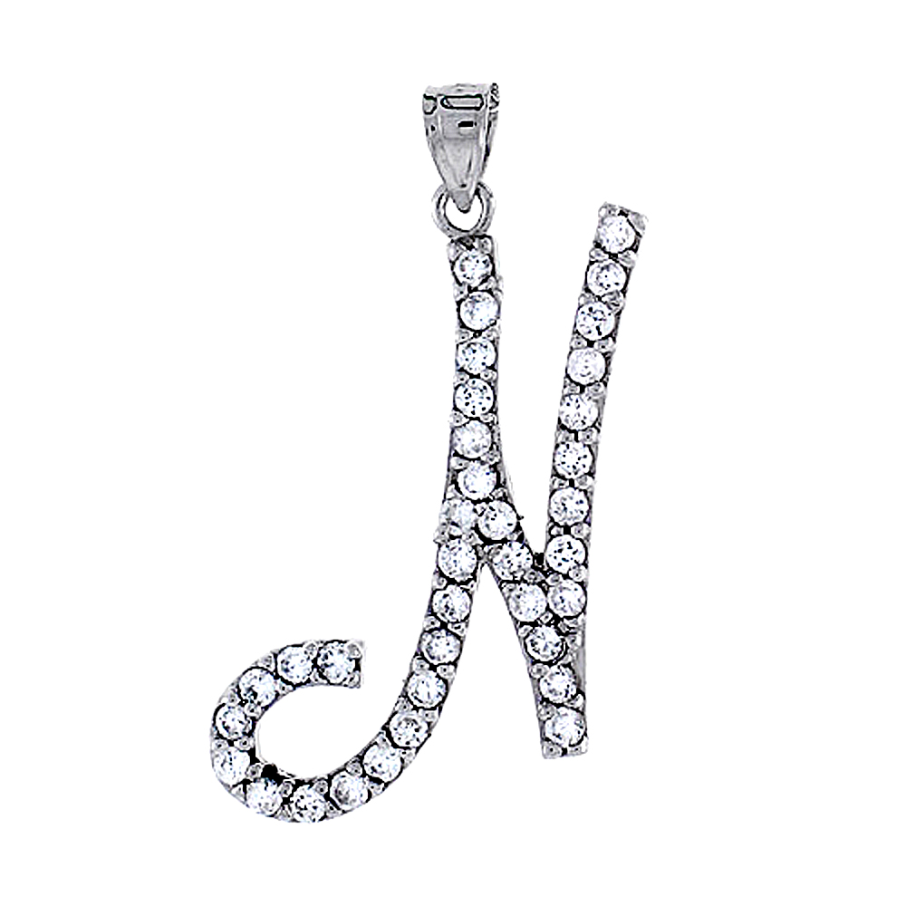 Sterling Silver Script Initial Letter N Alphabet Pendant with Cubic Zirconia Stones, 1 3/8 inch high