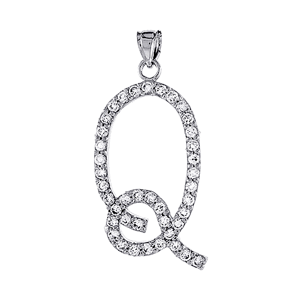 Sterling Silver Script Initial Letter Q Alphabet Pendant with Cubic Zirconia Stones, 1 3/8 inch high