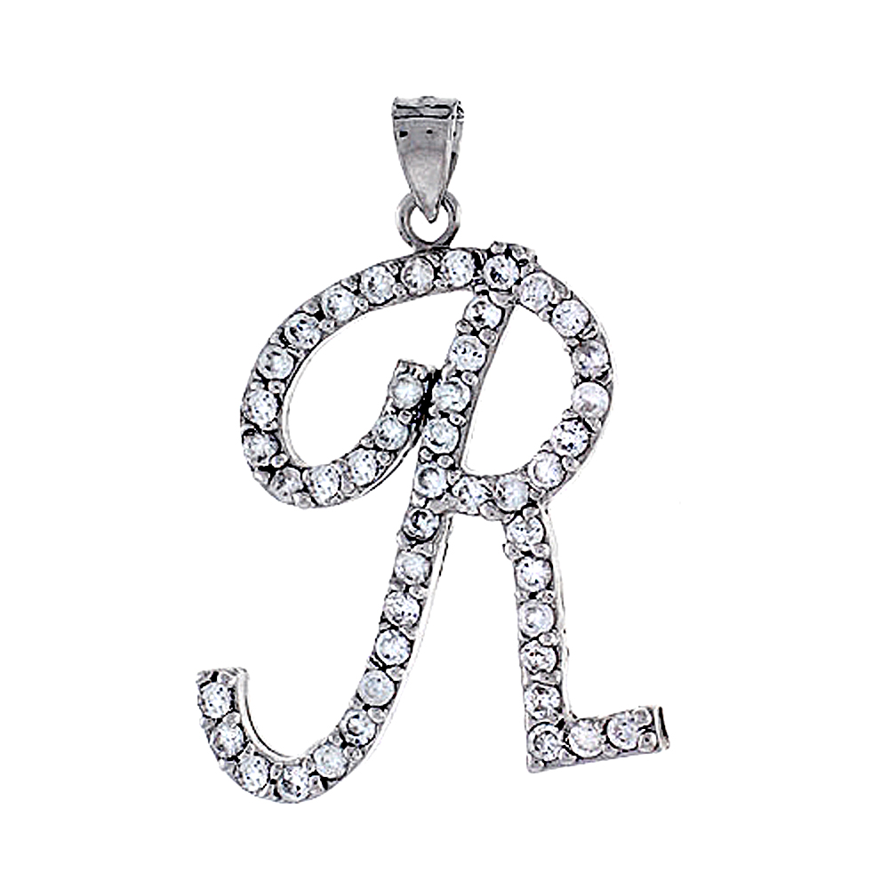 Sterling Silver Script Initial Letter R Alphabet Pendant with Cubic Zirconia Stones, 1 3/8 inch high