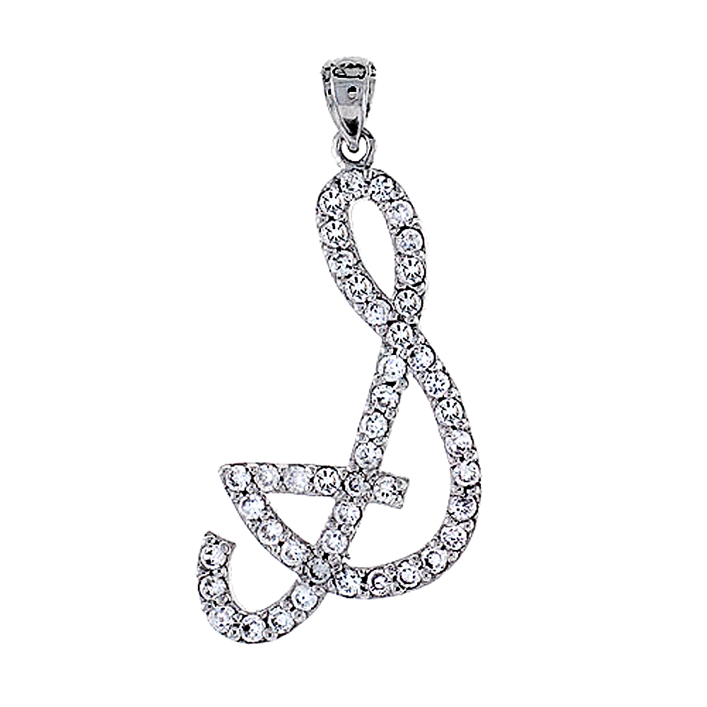 Sterling Silver Script Initial Letter S Alphabet Pendant with Cubic Zirconia Stones, 1 3/8 inch high