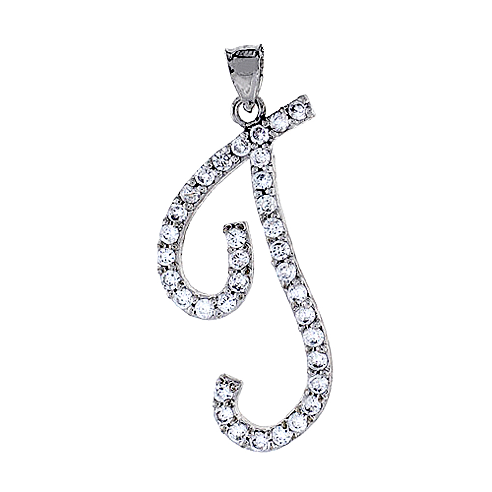 Sterling Silver Script Initial Letter T Alphabet Pendant with Cubic Zirconia Stones, 1 3/8 inch high