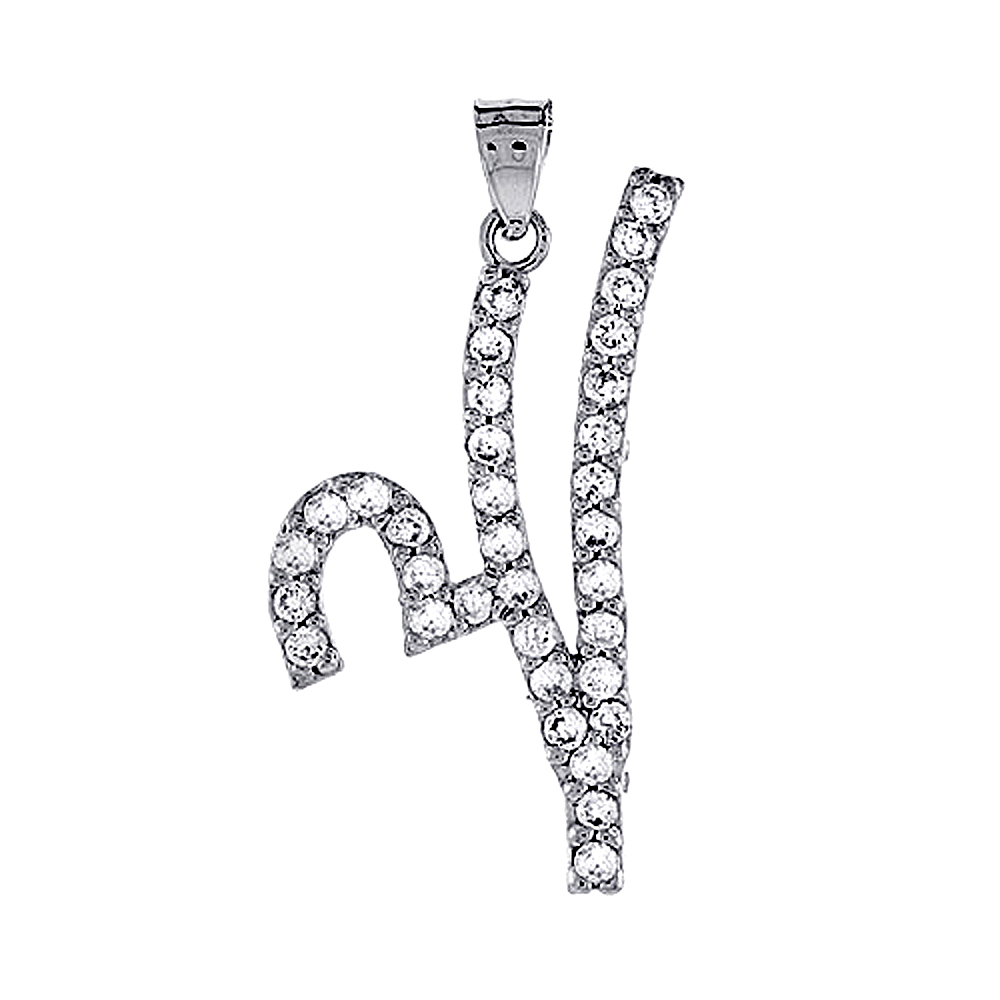 Sterling Silver Script Initial Letter V Alphabet Pendant with Cubic Zirconia Stones, 1 3/8 inch high