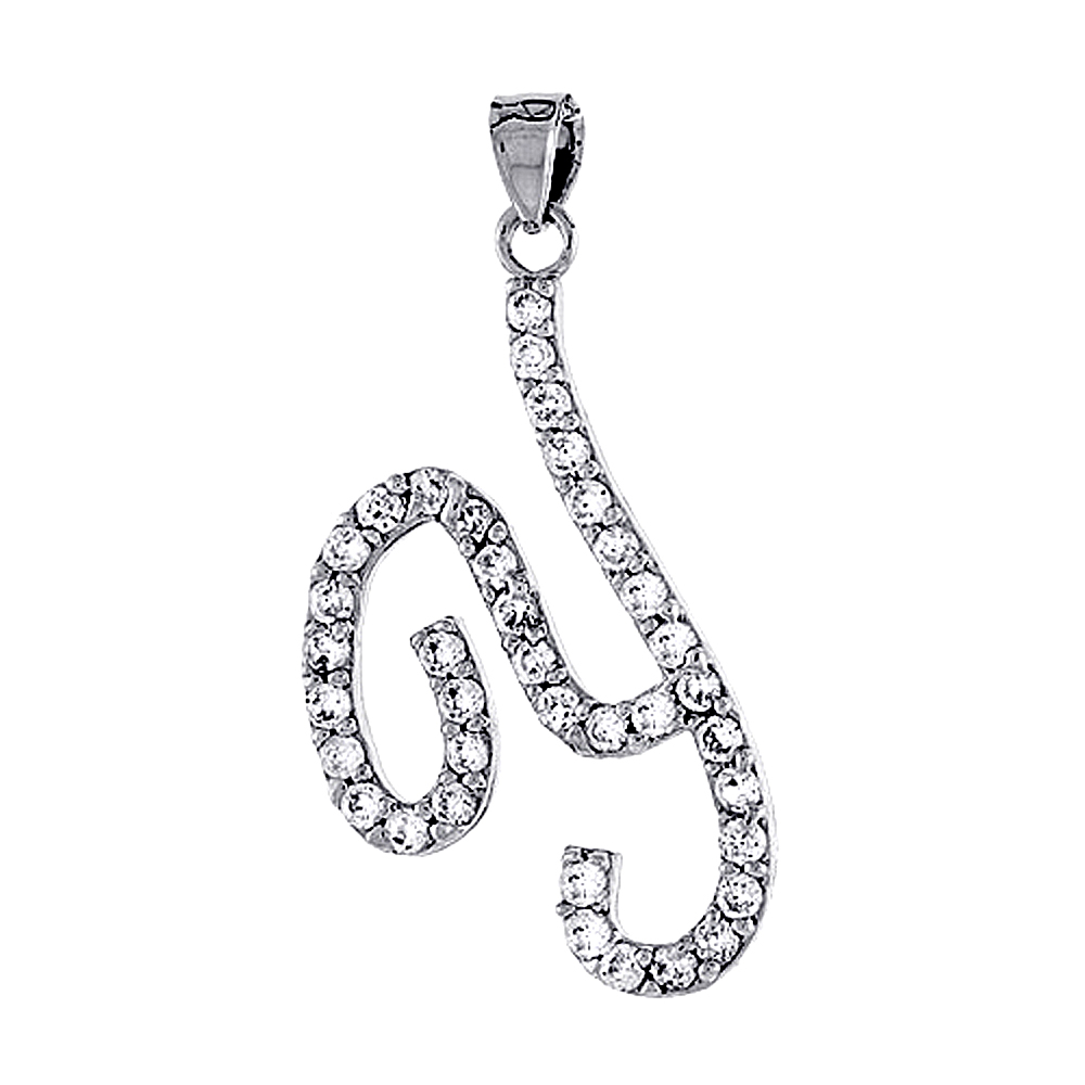 Sterling Silver Script Initial Letter Y Alphabet Pendant with Cubic Zirconia Stones, 1 3/8 inch high