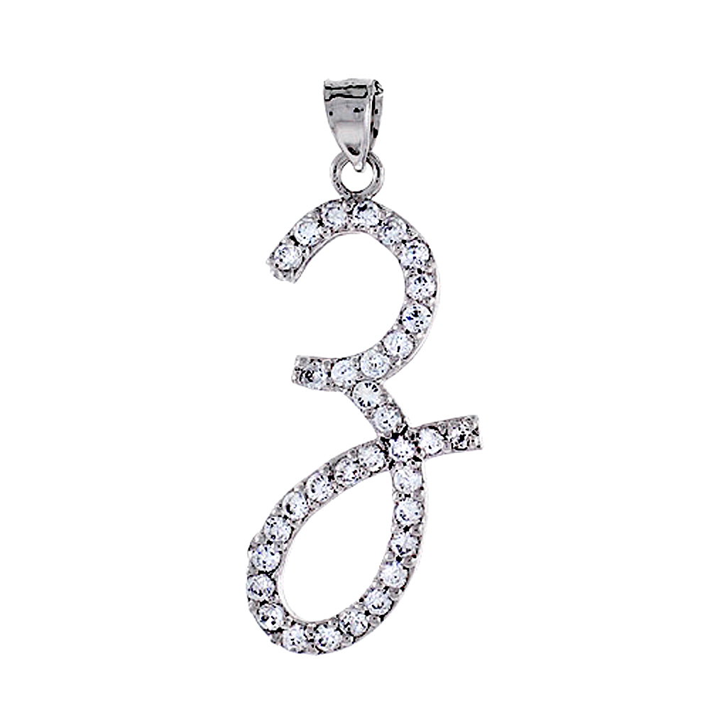 Sterling Silver Script Initial Letter Z Alphabet Pendant with Cubic Zirconia Stones, 1 3/8 inch high