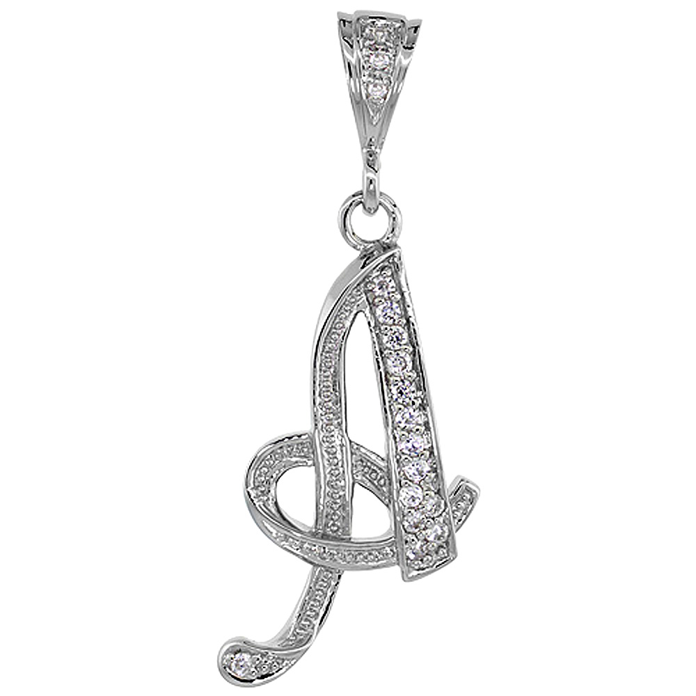 Sterling Silver Large Script Initial Letter A Pendant w/ Cubic Zirconia Stones, 1 1/2 inch high