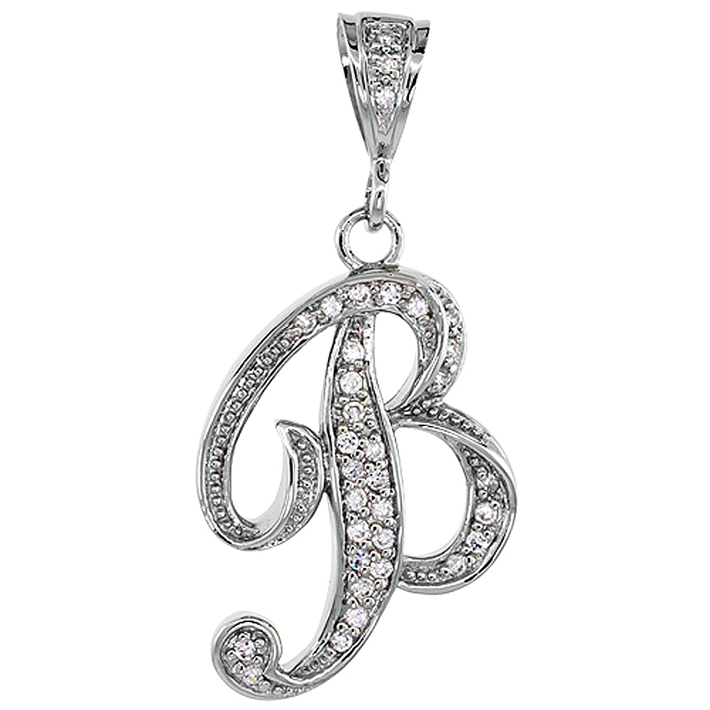 Sterling Silver Large Script Initial Letter B Pendant w/ Cubic Zirconia Stones, 1 1/2 inch high