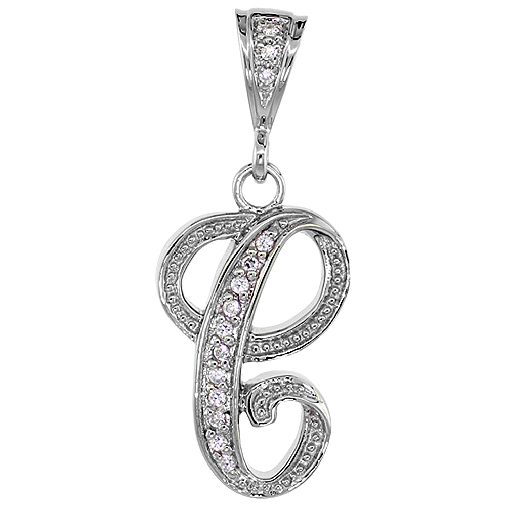 Sterling Silver Large Script Initial Letter C Pendant w/ Cubic Zirconia Stones, 1 1/2 inch high
