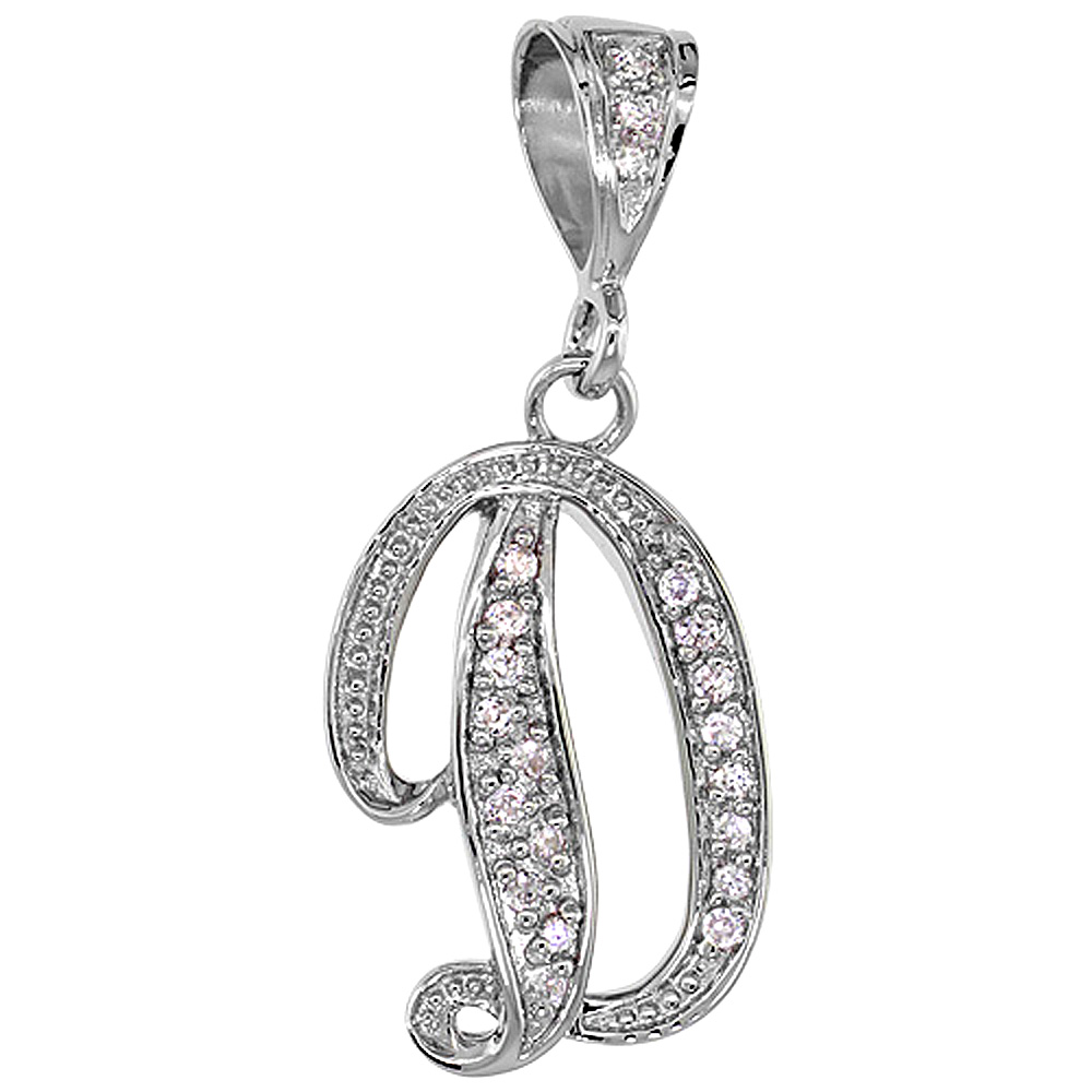 Sterling Silver Large Script Initial Letter D Pendant w/ Cubic Zirconia Stones, 1 1/2 inch high