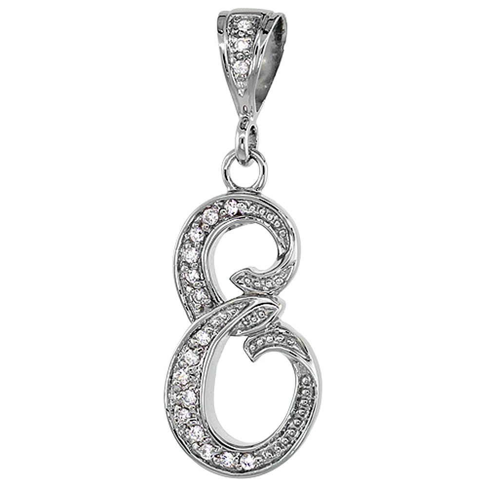 Sterling Silver Large Script Initial Letter E Pendant w/ Cubic Zirconia Stones, 1 1/2 inch high