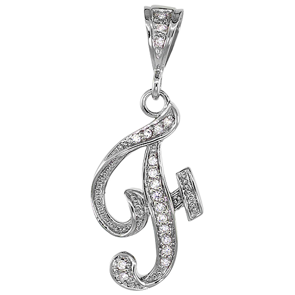 Sterling Silver Large Script Initial Letter F Pendant w/ Cubic Zirconia Stones, 1 1/2 inch high