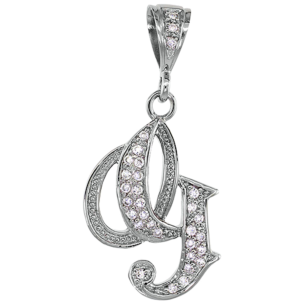 Sterling Silver Large Script Initial Letter G Pendant w/ Cubic Zirconia Stones, 1 1/2 inch high