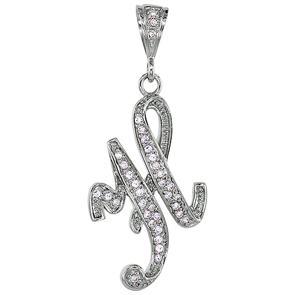 Sterling Silver Large Script Initial Letter H Pendant w/ Cubic Zirconia Stones, 1 1/2 inch high