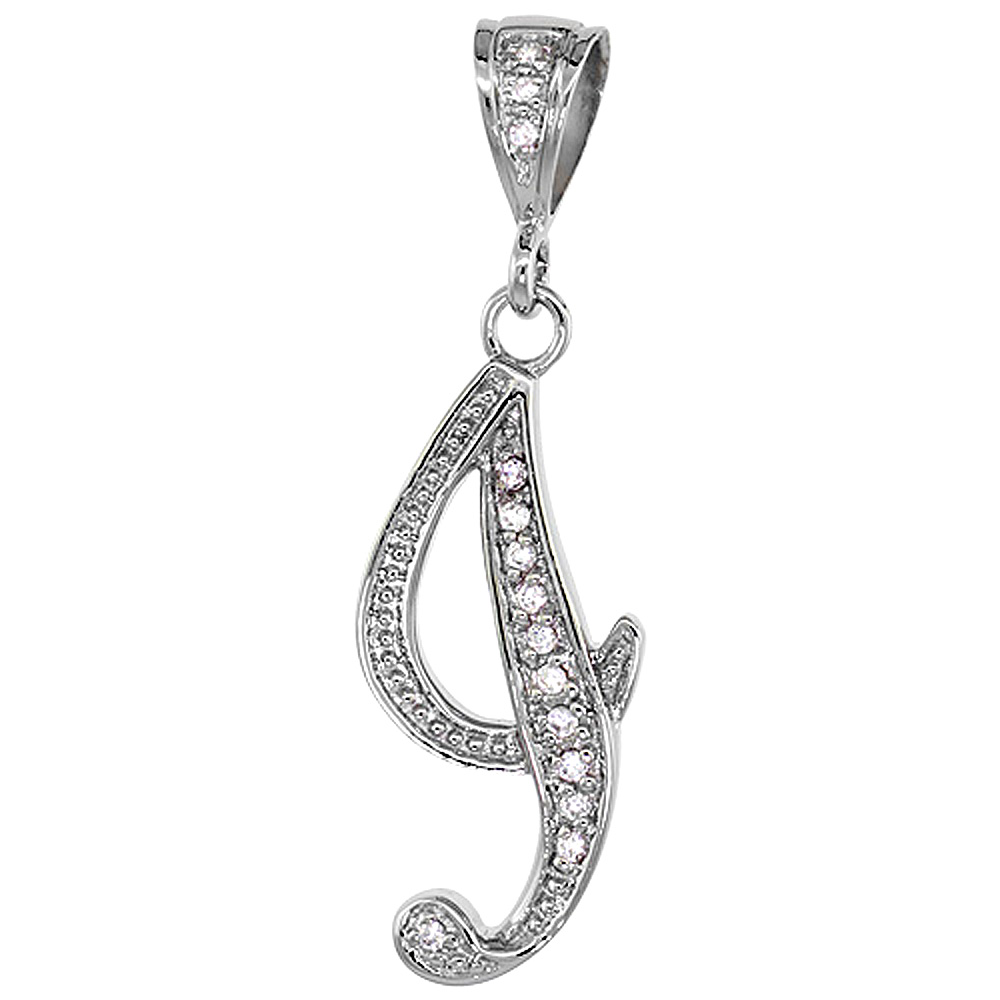 Sterling Silver Large Script Initial Letter I Pendant w/ Cubic Zirconia Stones, 1 1/2 inch high