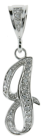 Sterling Silver Large Script Initial Letter J Pendant w/ Cubic Zirconia Stones, 1 1/2 inch high