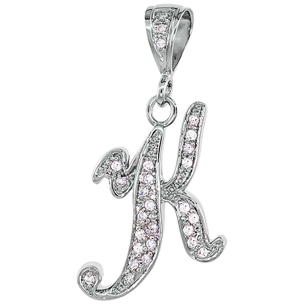 Sterling Silver Large Script Initial Letter K Pendant w/ Cubic Zirconia Stones, 1 1/2 inch high