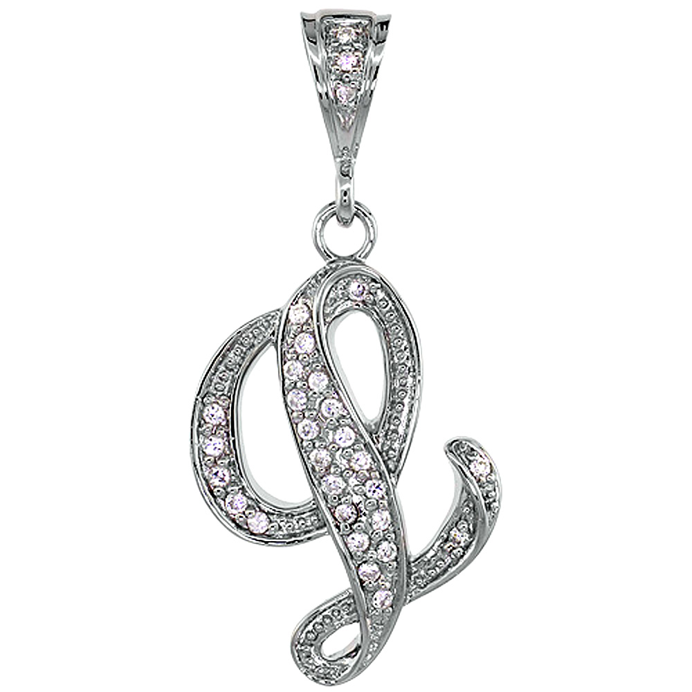 Sterling Silver Large Script Initial Letter L Pendant w/ Cubic Zirconia Stones, 1 1/2 inch high