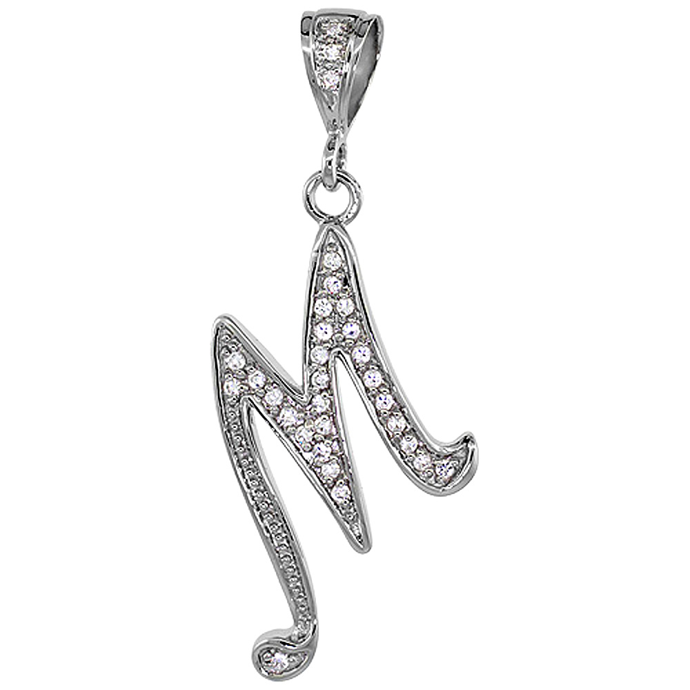 Sterling Silver Large Script Initial Letter M Pendant w/ Cubic Zirconia Stones, 1 1/2 inch high